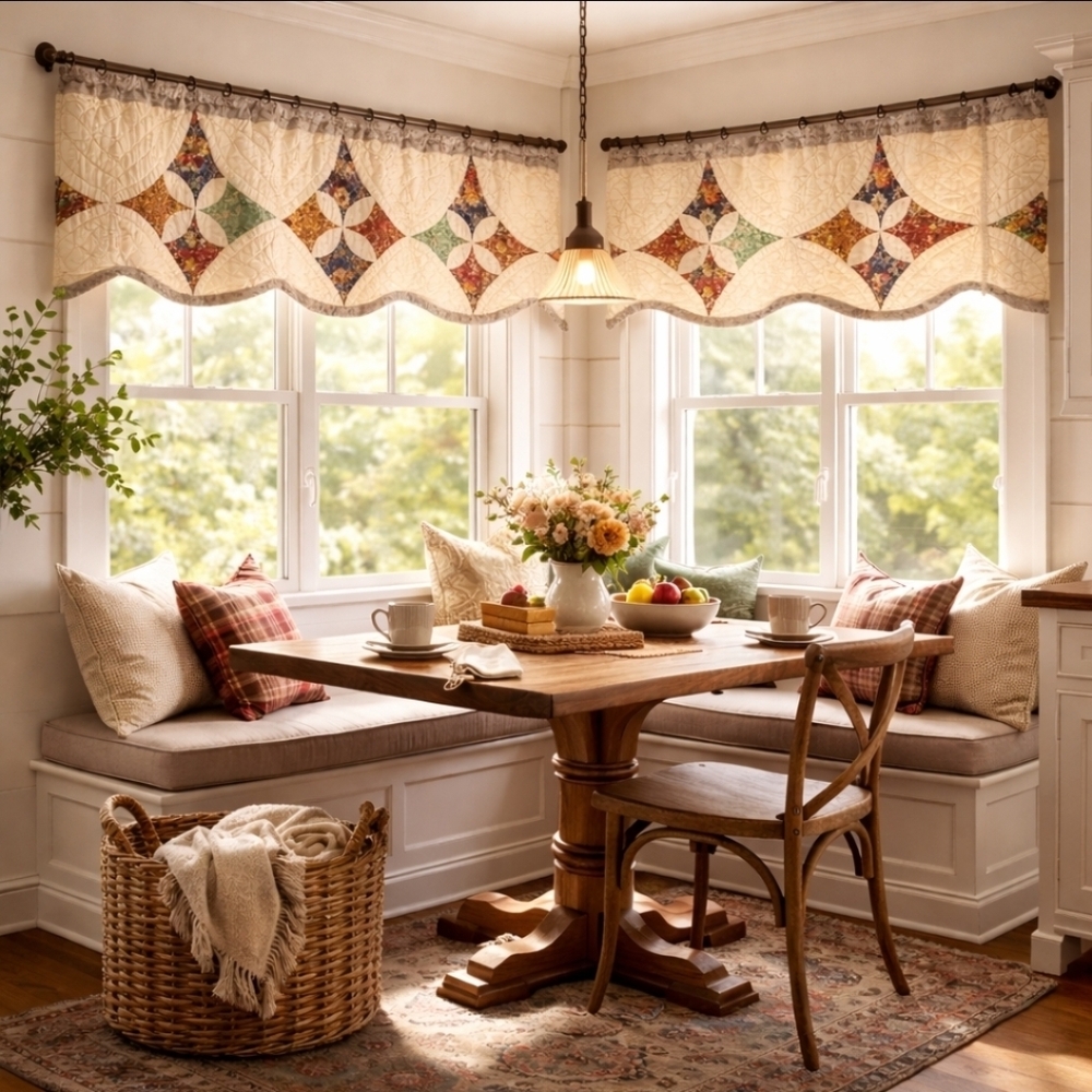 Heirloom Quilted Patchwork Valance 52x15 Cathedral Window Scalloped Cottagecore